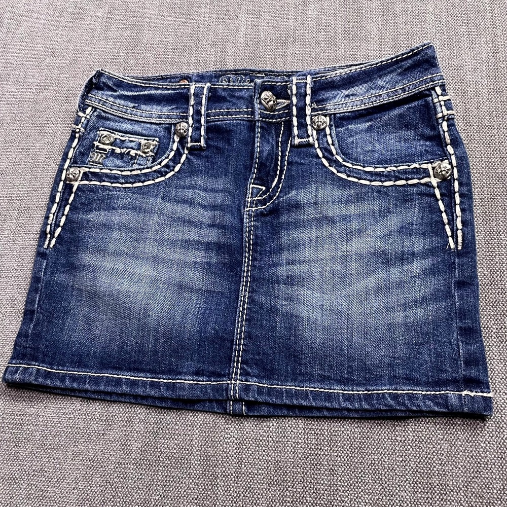 Miss Me Denim Mini Skirt Womens 12 Blue Whiskering Logo Flap Pockets JK5014151